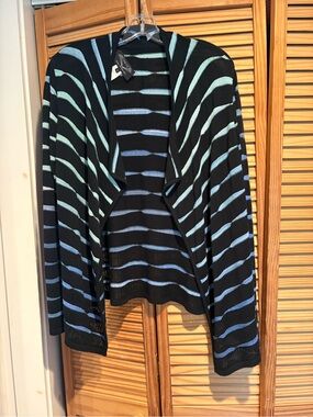 Angel by Sabri Ozel Artsy Black Open Front Cardigan with Ombre Blue Stripes